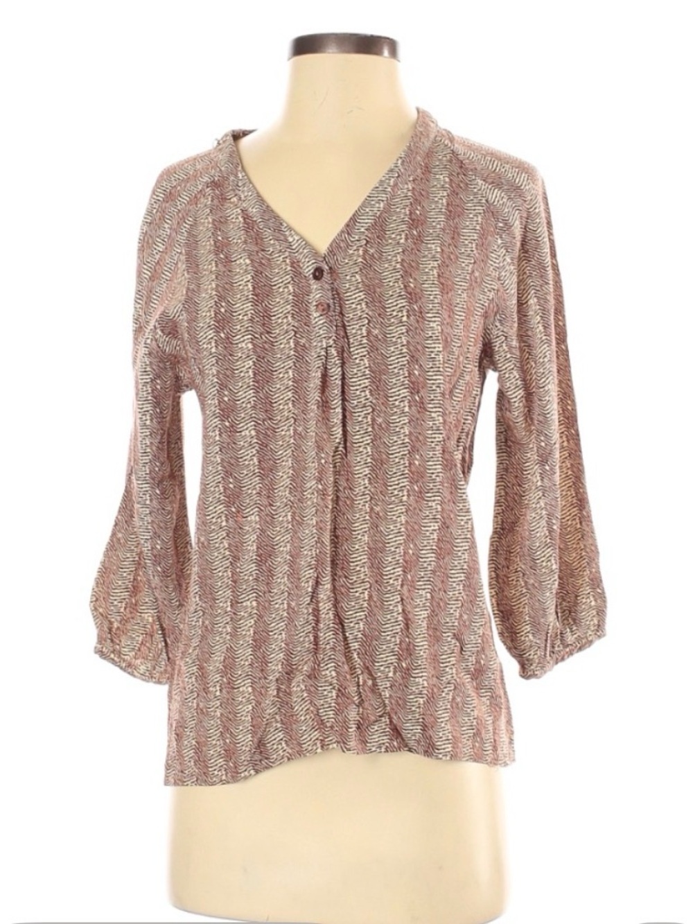 CYNTHIA ROWLEY Mauve-Brown Patterned Rayon V-Neck Blouse